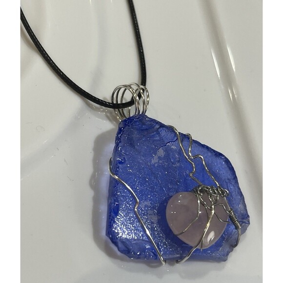 Rose Quartz & Blue Sea Glass Unconditional Love Silver Tone Wire Wrapped Pendant - Picture 3 of 6